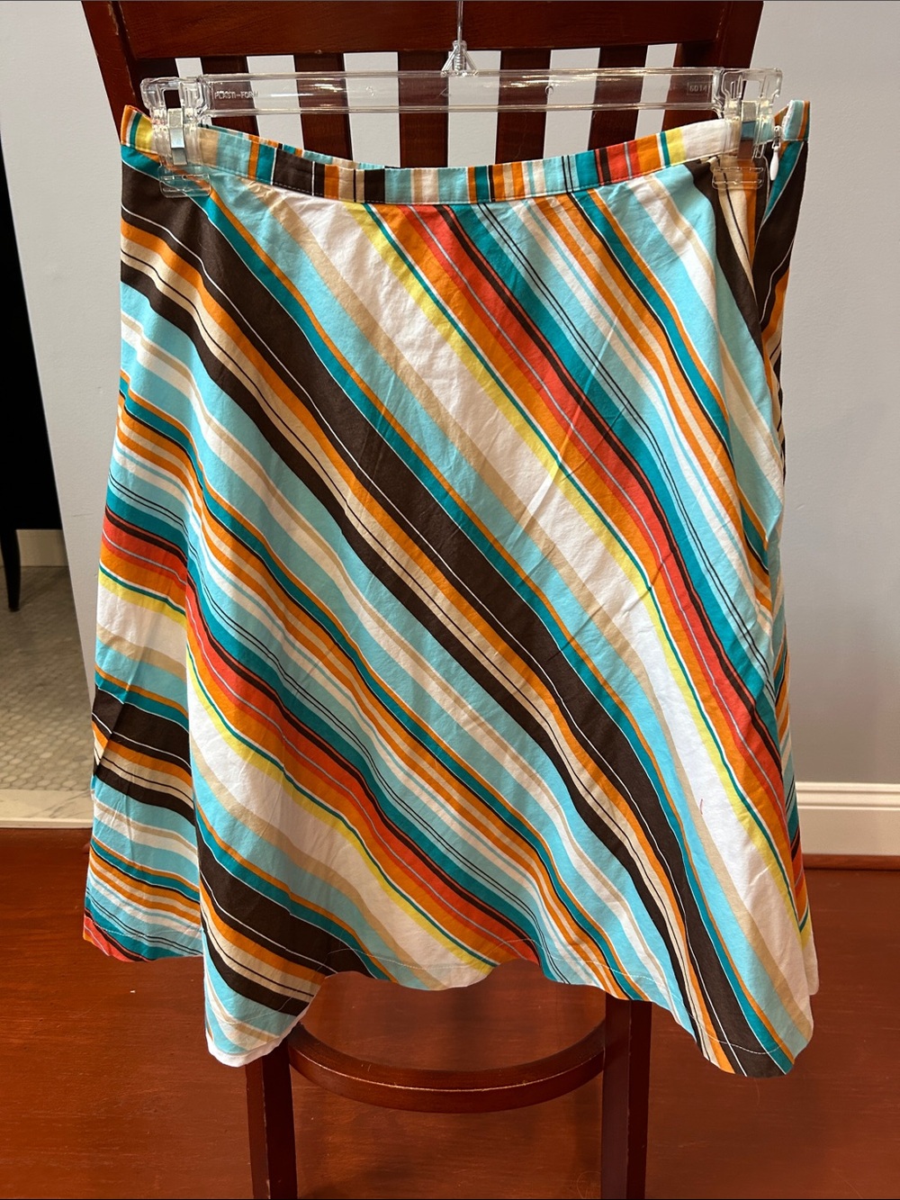New York & Company Striped A-Line Skirt in Turquoise, Orange, Brown, White